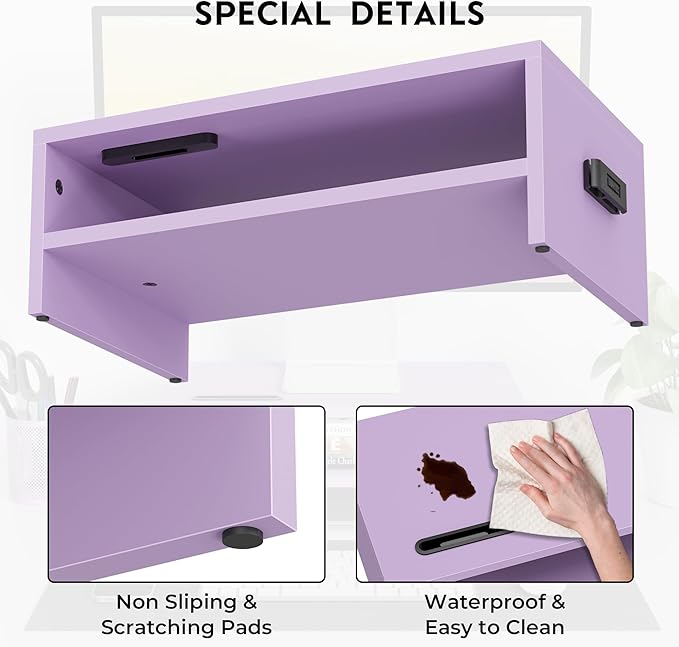 BONTEC Wooden Monitor Stand Riser, 2-Tier Desk Shelf with Storage Organizer, Ergonomic Computer Stand with Cable Management, Cellphone Holder, Purple, 16.5 Inch