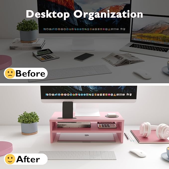 BONTEC Wooden Monitor Stand Riser, 2-Tier Desk Shelf with Storage Organizer, Ergonomic Computer Stand with Cable Management, Cellphone Holder, Pink, 16.5 Inch