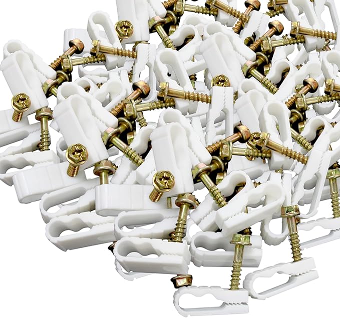 STEREN Coaxial Cable Clips - Cable Holder - Wire Clips - Siding Clips for Hanging - Cord Holder for Desk - Cable Clamps (White, 100 Count - Dual Screw)