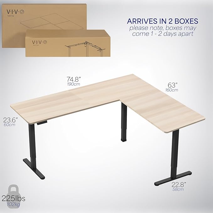 VIVO Electric Corner 75 x 63 inch L-Shaped Standing Desk, Memory Height Adjustment, Light Wood Top Black Frame, DESK-E3CTBC-75