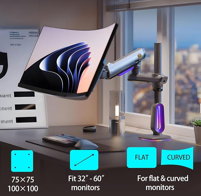 NB Extra Height Gaming Monitor Arm for 32 to 60 Inches Screen, Load up to 20 kg, VESA 75/100, RGB-Light, Heavy Duty, Multi Angle Adjustable, Premium Aluminum, Long Arm Extension Purple Blue