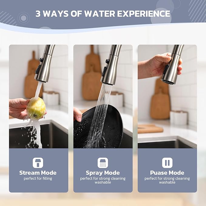 WEWE Kitchen Sink Faucet with Soap Dispenser, Kitchen Faucet with Pull Down Sprayer 3 Modes Stainless Steel Single Handle Single Hole Pull Out Brushed Nickel Faucet for Bar Laundry RV Utility Sink