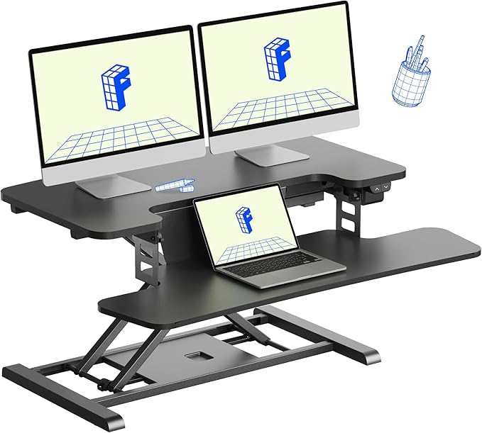 FLEXISPOT 32" Motorized Standing Desk Converter, Electric Stand up Desk Riser, Sit to Stand Dual Monitor and Laptop Workstation with Wide Keyboard Tray, Black