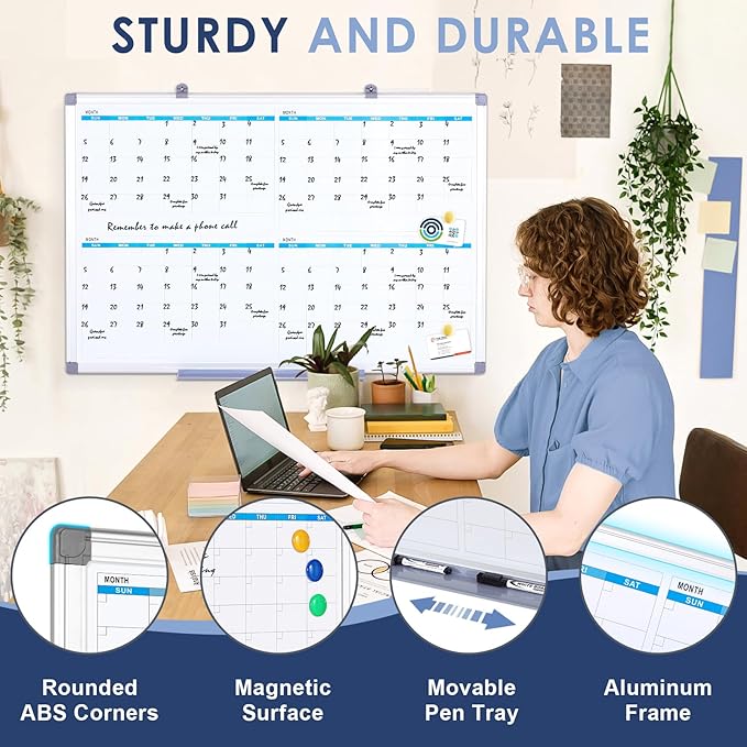 MAKELLO Large Magnetic Dry Erase Calendar Whiteboard Quarterly 36" x 24" for Home, Bedroom, Office, Classroom, 4 Months