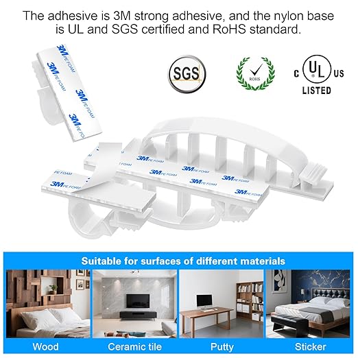 XHF 30pcs Adhesive Cable Wire Clips Kit White, Outdoor Cable Management Wire Organizer Cord Holder for Under Desk, Car, Wall, TV PC Ethernet Cable