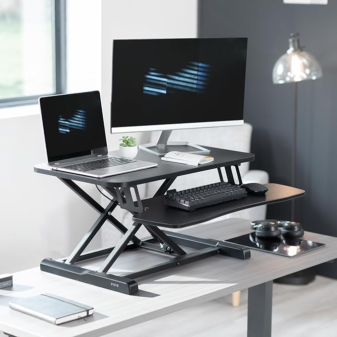 VIVO 28 inch Desk Converter, K Series, Height Adjustable Sit to Stand Riser, Dual Monitor and Laptop Workstation with Keyboard Tray, Black, DESK-V028KB