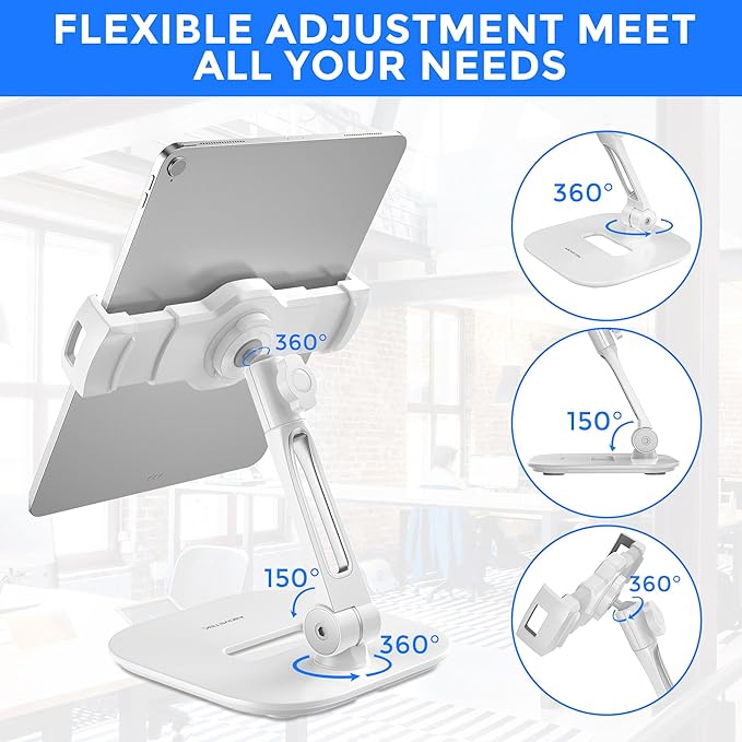 AboveTEK Tablet Stand Holder, Stylish Aluminum iPad Stands, Foldable 360° Swivel iPad iPhone Table Stand Holder fits 4-11" Tablets/Smartphones for Kitchen Bedside Office POS Showroom Reception (White)