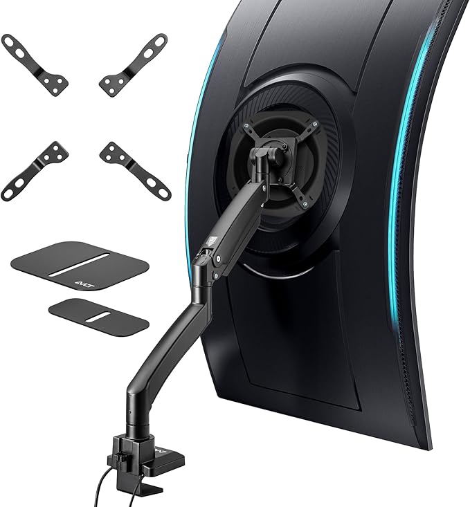 AVLT Single 17"-57" Super Ultrawide Monitor Arm for Screens Up to 59.5 lbs, Premium Aluminum Desk Stand, Adjustable Pneumatic Height, Full Motion Swivel Tilt Rotation, USB-C & USB-A Ports, Black