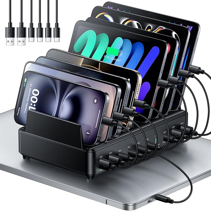 400W Charging Station for Multiple Devices, 10 Port Double PD 100W USB C Charging Station with 6 Cables, Multi-Device Organizer Fast Charging Dock for MacBook, iPad, iPhone, Cell Phone, Tablet