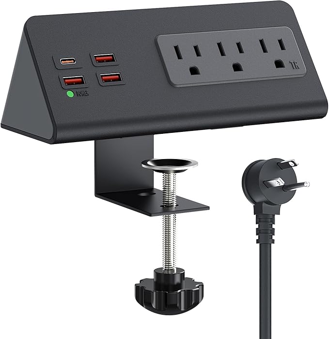 Nightstand Charging Station with PD 20W USB C, Nightstand Edge Power Strip with 3 AC Outlets, 4 Fast Charging USB Ports, Connect 6.56FT Flat Plug, Desk Surge Protector for Office Home Hotel, Black
