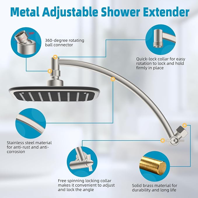 iFealClear Filtered Rain Shower Head with 12" Shower Extension Arm, 10" High-Pressure Boosting Rainfall Showerhead, Metal Shower Head Extender Adjustable Height/Angle, Easy to Install, Brushed Nickel