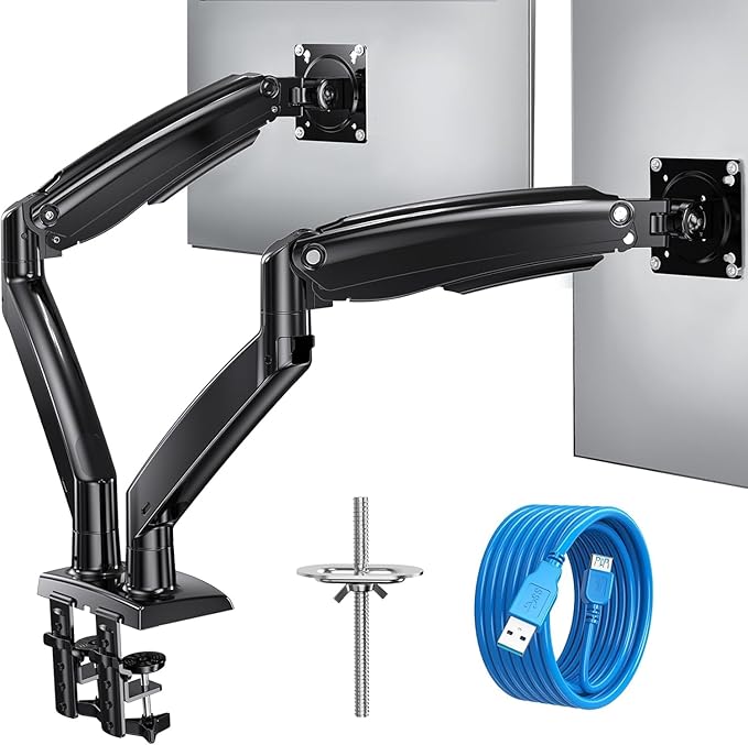 HUANUO 13 to 40 Inch Dual Monitor Arm for 2 Ultrawide Screens, Height Adjustable Full Motion Stand with 2 USB Port, VESA 75/100mm Mount, Holds up to 26.4lbs per Arm, Black