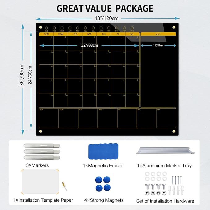 Magnetic Glass Blackboard Calendar 48"x36" Monthly Glass Dry Erase Board for Wall Planner GlassBlack Board Calender Wall Mounted for Office School Home(Black)
