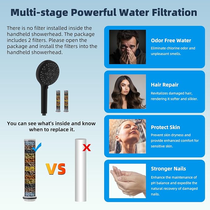 Hibbent All Metal 10'' Dual Filtered Rainfall Shower Head Combo, High Pressure Handheld Shower Head with 12'' Adjustable Curved Extension Arm, 20 Stage Shower Filter, 10-spray, 71'' Hose, Matte Black
