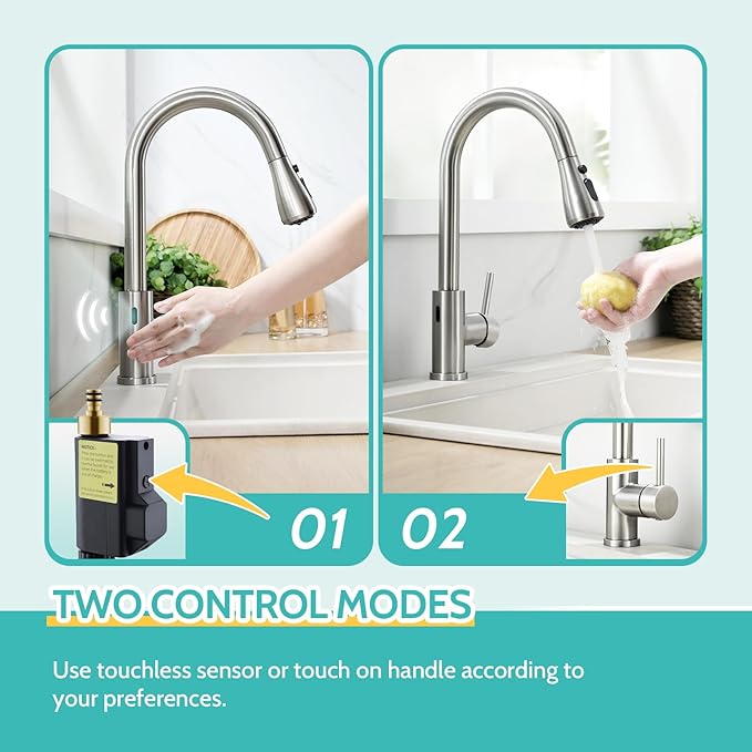 Kicimpro Touchless Kitchen Faucet with Pull Down Sprayer Brushed Nickel, Side Motion Sensor Kitchen Touchless Faucet with Water Line, Two Control Modes Touchless Faucet for Kitchen Sink, Single Handle