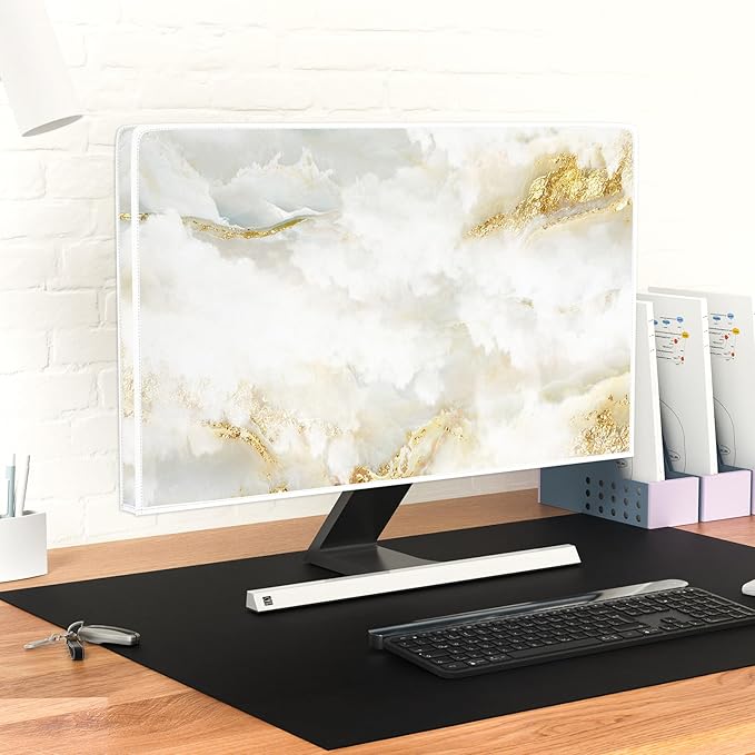Baocicco White Gold Computer Monitor Cover with Abstract Texture Marble Design 22, 23, 24, 25 Inch Panel Case Computer Monitor Covers Sleeve Compatible with PC Desktop and TV LCD/LED/HD Screen Cover