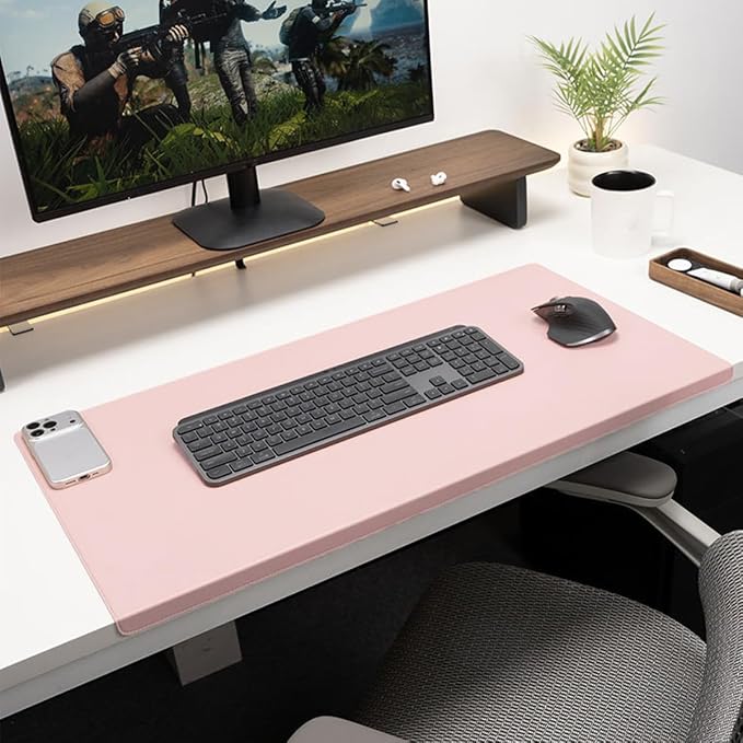 Edge-Locked Leather Desk Pad, Desk Blotter with Full Grip Fixation Lip, Waterproof Large Office Table Mat, Non-Slip Laptop Mouse Pads for Work Typing Writing (Pink,23.6"x15.7")
