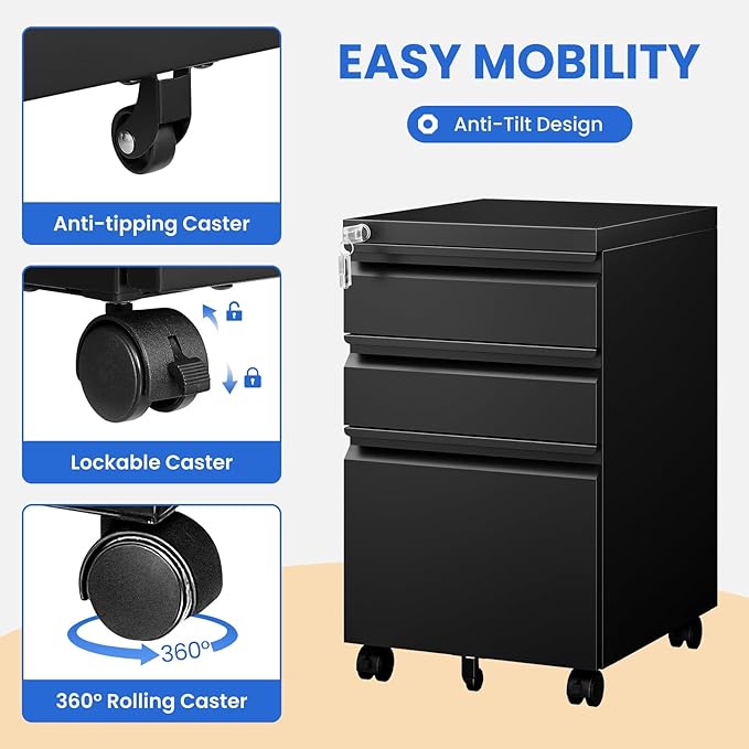 MIIIKO File Cabinet 3 Drawers on Wheels Under Desk, Black Metal Rolling File Cabinets with Lock for Home Office, Un-Assembled Filing Cabinet with Lock