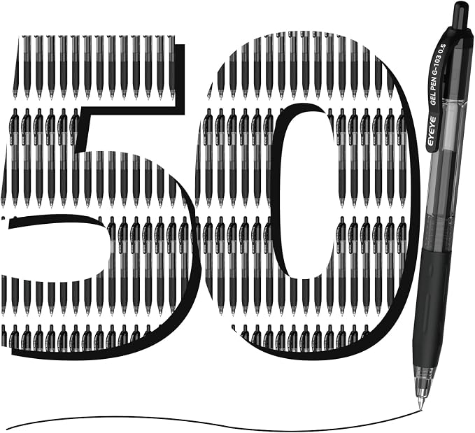 EYEYE G-103 Retractable Gel Pens Black 50 Pack, 0.5mm Extra Fine Point Ink Pen Quick Dry, Ballpoint Pen Fine Point Smooth Writing Pens for for Office School Supplies