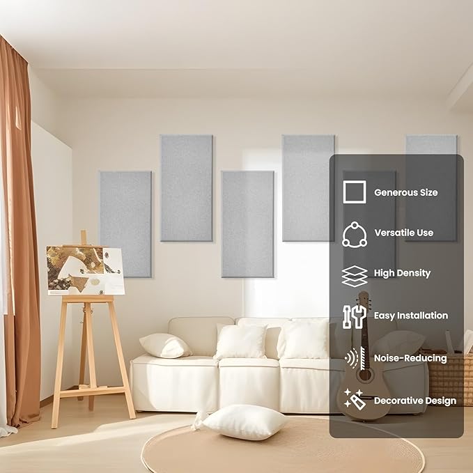 6 PCS Acoustic Panels, Large Soundproof Wall Panels, Professional Fiberglass Sound Absorbing Panels, 23.6x11.8 Inches Sound Proof Foam Panels for Walls, Studio Home Offices(Grey)