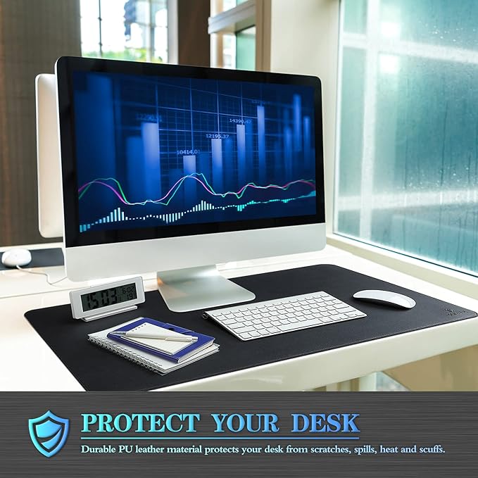 K KNODEL Desk Mat, Blotter, Dual-Sided Office Desk Pad, Waterproof Desk Mat for Desktop, Desk Blotters, PVC Leather Pad Protector (Black, 35.4" x 17")