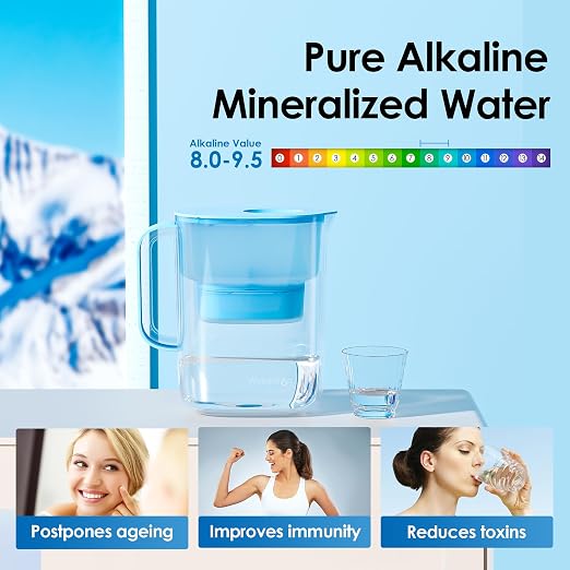 Waterdrop PT-07B-A Alkaline Water Filter Pitcher, 10-Cup, Up to pH 9.5 | Healthy, Clean & Toxin-Free Mineralized Alkaline Water, Up to 100 Gallons, Improves Coffee Taste, BPA-Free, Blue
