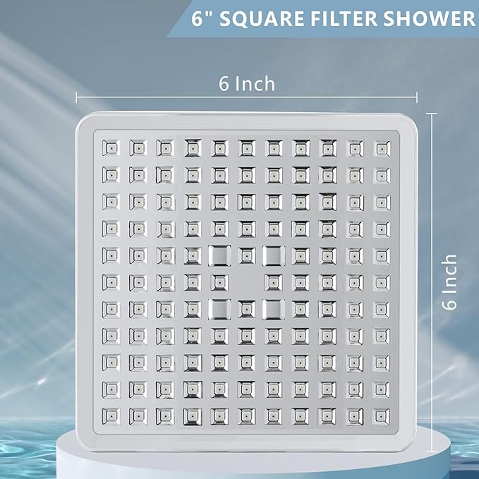 High Pressure Rain Shower Head with Filtered - 6" Square Showerhead Filter for Remove Chlorine and Harmful Substances, Improve Hair and Skin Problems, Chrome