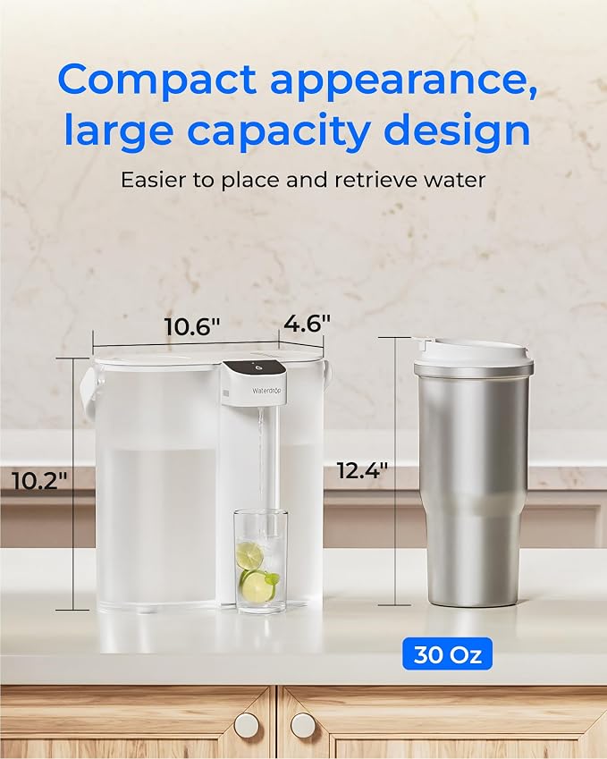 Waterdrop ED02W Compact Electric Water Filter Pitcher, 14-Cup, White | 200-Gallon Rechargeable Instant Powerful Dispenser, NSF/ANSI 42&53&401&372, Reduce PFOA/PFOS, Lead, Chlorine, NOT Reduce TDS