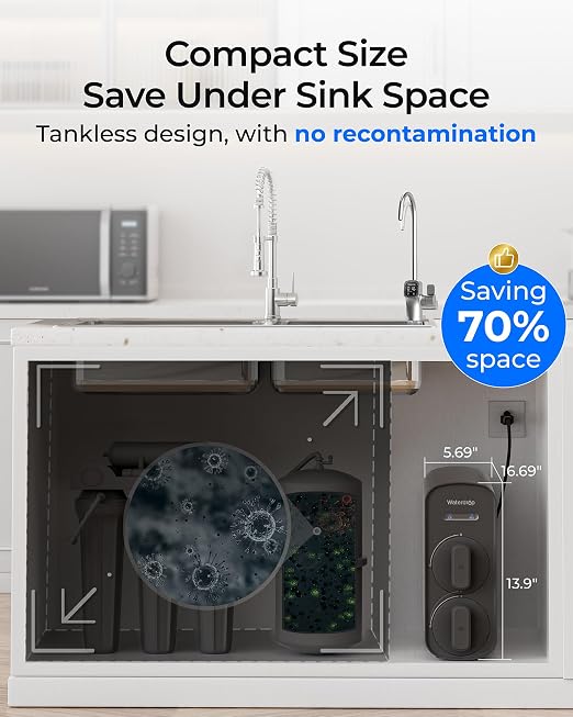 Waterdrop G5P700A Alkaline Mineral Reverse Osmosis Water Filter, 700 GPD | NSF/ANSI 58 & 372 Certified, 8-Stage RO Water Filtration System, 2:1 Pure to Drain, Tankless RO System with Smart LED Faucet