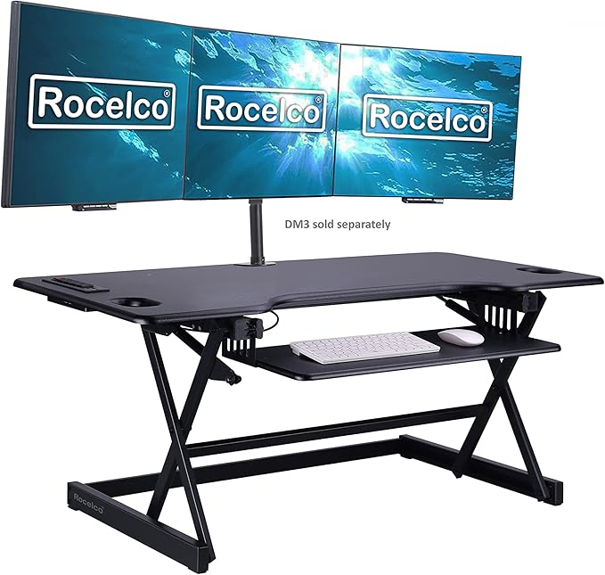 Rocelco 46" Height Adjustable Standing Desk Converter - Desktop AC USB Charger - Sit Stand Up Triple Monitor Riser - Tall Computer Workstation - Retractable Keyboard Tray - Black (R DADRB-46-ACUSB)