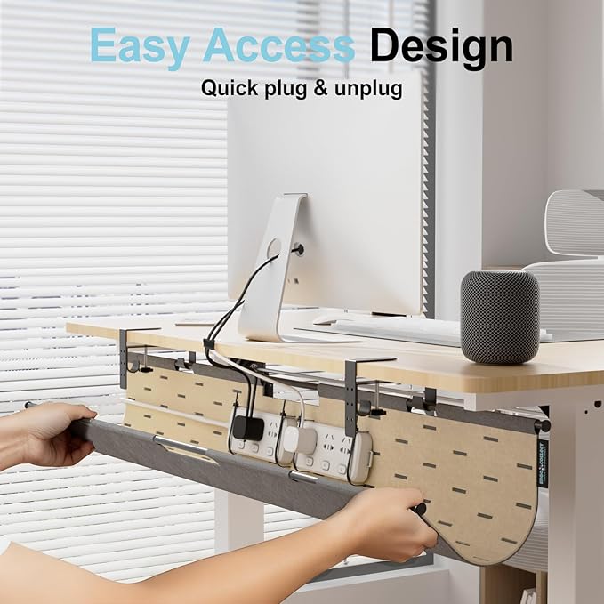 2-in-1 Under Desk Cable Management Tray & Privacy Panel, Dual-Sided Felt Cord Organizer to Hide Wires and Clutter, Desk Mount Cord Holder for Office and Home, Clamp or Screw Mount (Gray/Khaki, 30")