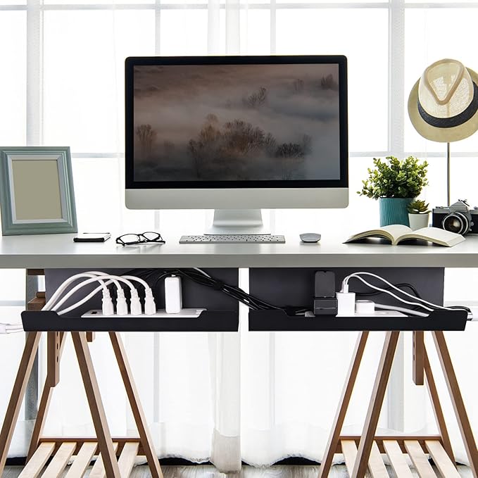 VIDOR Under Desk Cable Management Tray 2-Pack, 17" Cord Organizer, No Drill Alloy Steel, Perfect for Standing Desk and Office Home Wire Management