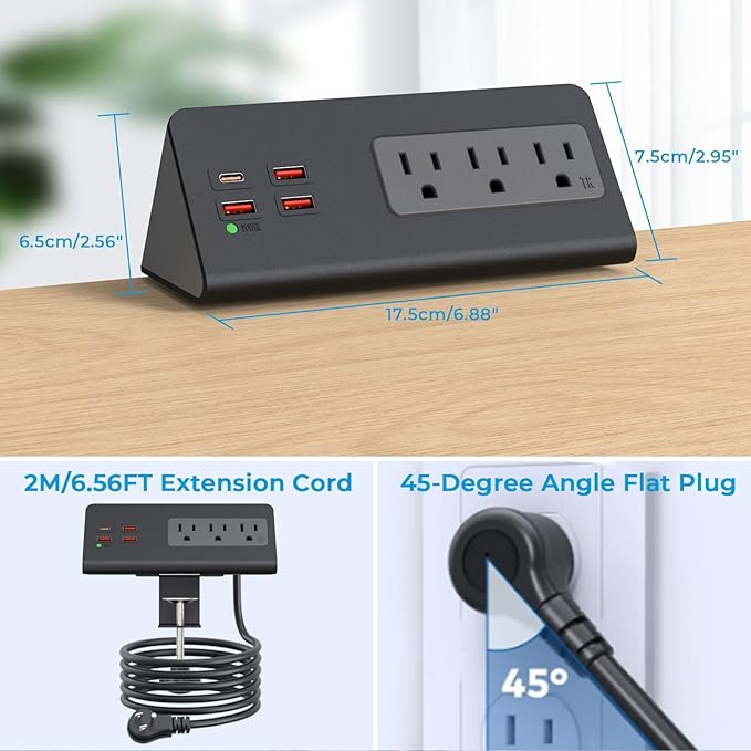 Nightstand Charging Station with PD 20W USB C, Nightstand Edge Power Strip with 3 AC Outlets, 4 Fast Charging USB Ports, Connect 6.56FT Flat Plug, Desk Surge Protector for Office Home Hotel, Black