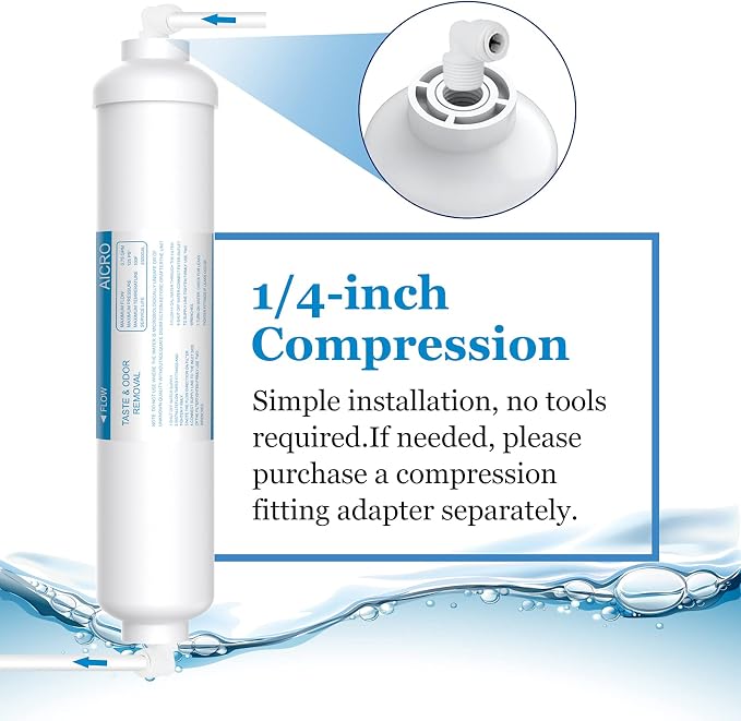 Inline Water Filter for Ice Maker, Refrigerator, Under-Sink Reverse Osmosis Water System, Post Activated Carbon Water Filter Replacement Cartridge with 1/4-Inch Compression-Connect (Pack of 2)