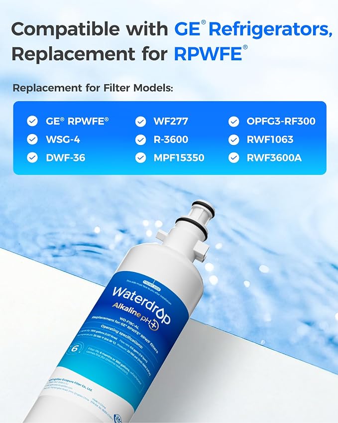Waterdrop WD-F19C-AL Alkaline Water Filter Replacement for GE® RPWFE® | Enhances pH, Replacement for GE® RPWF (Built-in CHIP), GFE28GYNFS