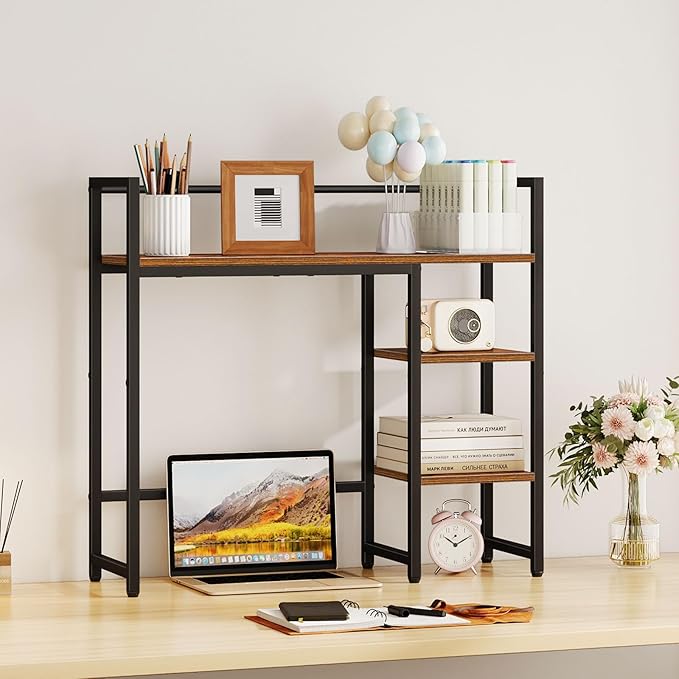 Snughome Desk Shelf, 31.9" Desktop Organizer Shelf, Desk Hutch for Computer Monitor, 4 Tier Desk Top Display Rack, Wood Desktop Bookshelf Storage Rack for Home Office Dorm, Rustic Brown