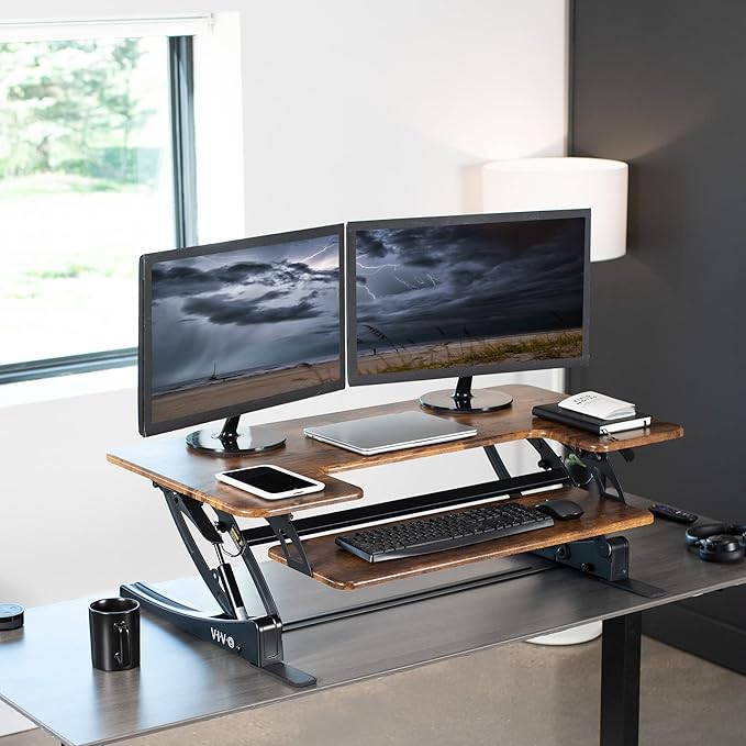 VIVO 42 inch Height Adjustable Stand Up Desk Converter, V Series, Quick Sit to Stand Tabletop Dual Monitor Riser Workstation, Rustic Vintage Brown Top, Black Frame, DESK-V000VLN