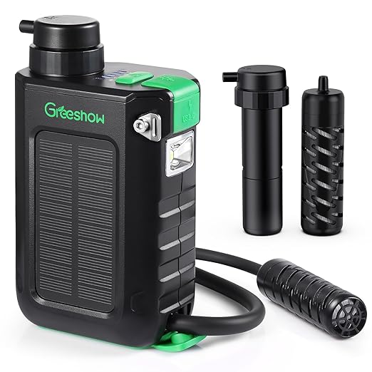 Greeshow Electric Portable Water Filter with Reusable 0.01 Micron Filter for Camping, Hiking, Survival with 3000mAh Portable Power Bank, Suport USB/Solar/Hand Crank Charing (Set of 2 Filters)