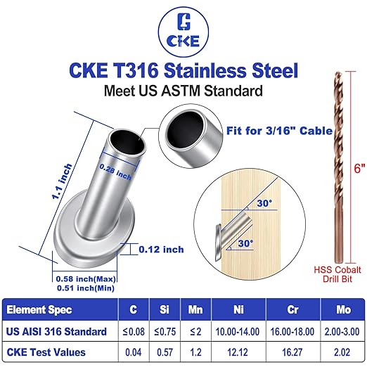 [Patent]CKE 40 PCS 30 Degree Angle Cable Railing Corner Protector Sleeve for 5/32", 3/16" Wire Rope Deck Cable Railing, T316 Marine Grade Stainless Steel Beveled Protective Sleeves for Wood Post, CR30