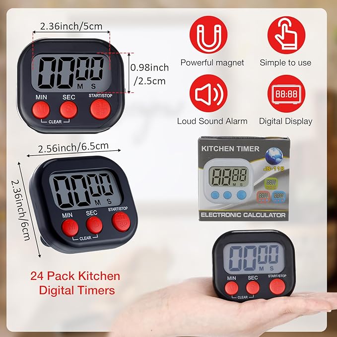 Leumoi 24 Pcs Digital Kitchen Timers Magnetic Back Timers Bulk Large Screen Loud Alarm On/Off Switch Minute Second Count up Countdown Memory Setting for Cooking Classroom Exercise(Black and Red)