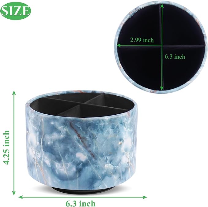 Round Leather Art Supply Organizer,Remote Control Holder,360-degree Rotating Pen Organizer with 4 Compartments(1-Marble Jade)