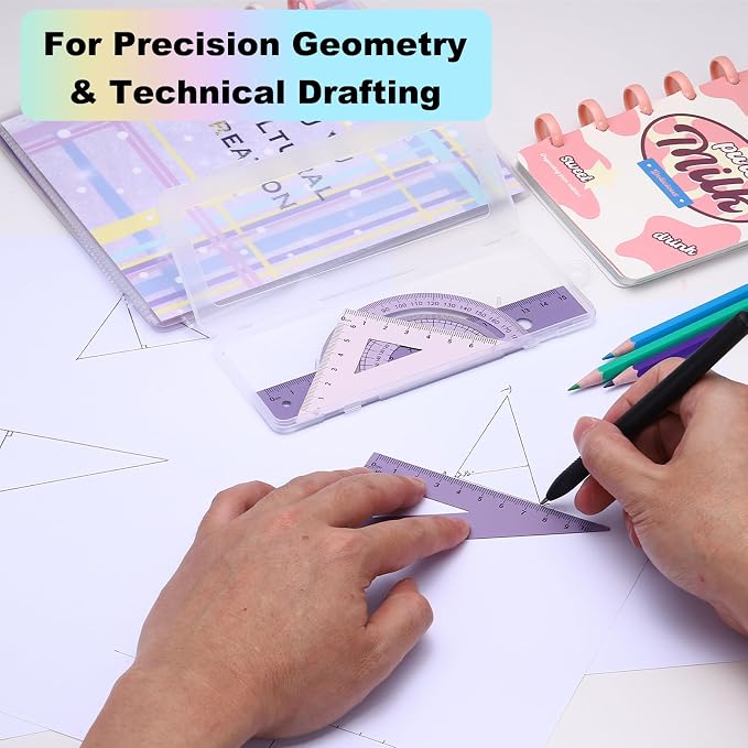 PATIKIL Geometry Set, 6 Inch Aluminum Ruler & 2 Triangles, Metal Protractor Ruler Math Drafting Measuring Tool for Home Office Math Drawing Engineering Art,Gradient Purple