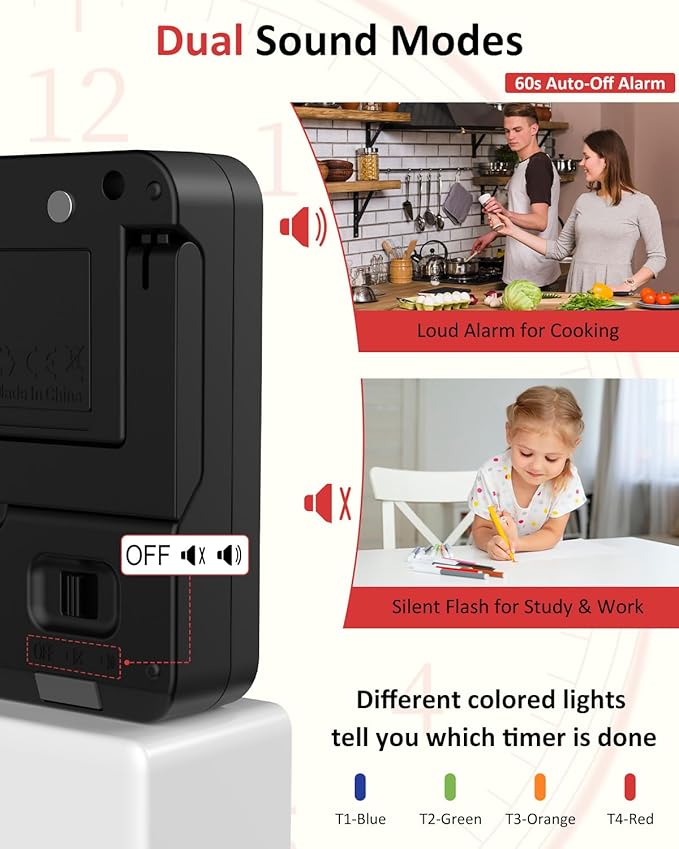 Digital Kitchen Timer for Cooking - 4 Channel Count Up Countdown Timer with Loud Alarm and Silent Mode, Large Display, Magnetic Back, Auto Memory for Classroom Study Gym, Battery Included (Black)