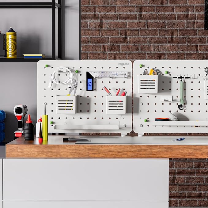 PEGZONE Clamp-on Desk Pegboard, Desk Organizer for Office Gaming Home, Magnetic Metal Peg Board with 10 Accessories, Privacy Panel for Office, 16.5" x 12.6", Medium, White