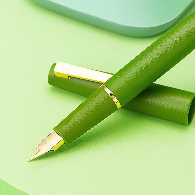 Jinhao 80 Avocado Green Fiber Brushed Fountain Pen, Iridium Extra Fine Gold Nib with Ink Converter, Classic Design Smooth Writing Pen (Gold Clip)