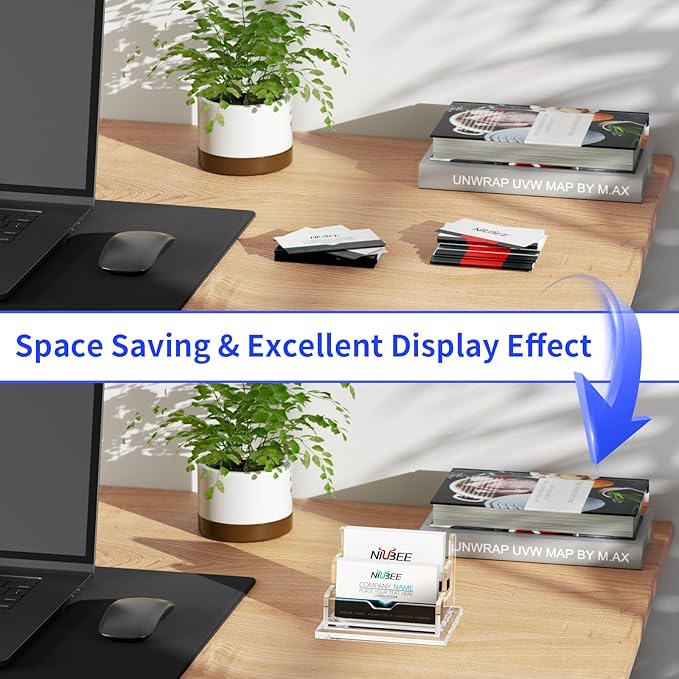 NIUBEE Clear Business Card Holder 2 Tier Acrylic Business Card Stand, 2 Slots Business Card Display for Desk Counter, 150 Card Capacity, 1 Pack