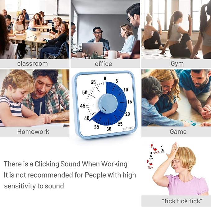 Secura 7.5 Inch Visual Timer, 60 Minute Visual Oversize Countdown Timer for Kids and Adults, Durable Mechanical Time Management Tool (Navy Blue)