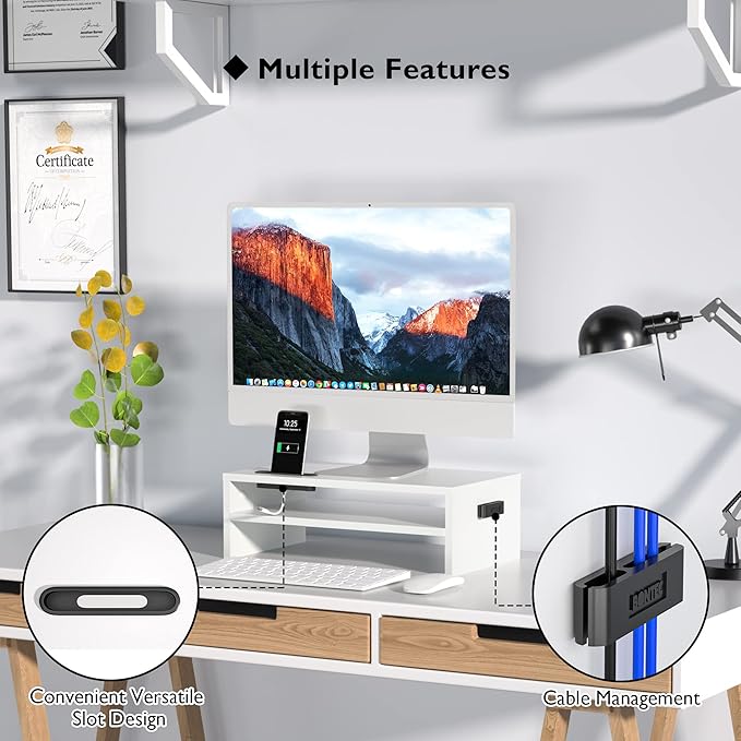 BONTEC Wooden Monitor Stand Riser, 2-Tier Desk Shelf with Storage Organizer, Ergonomic Computer Stand with Cable Management, Cellphone Holder, White, 16.5 Inch
