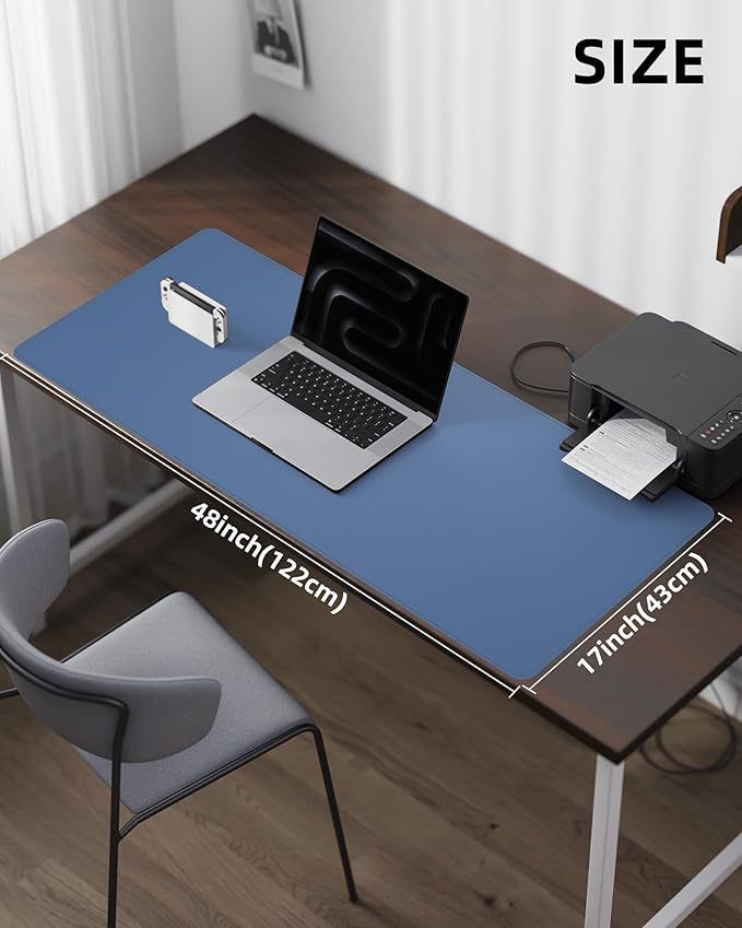 Leather Desk Pad Protector- 48" x 17" Office Desk Mat, Non-Slip PU Leather Mouse Pad, Waterproof Desk Blotter Mat, Desk Cover for Office and Home (Grey Blue)