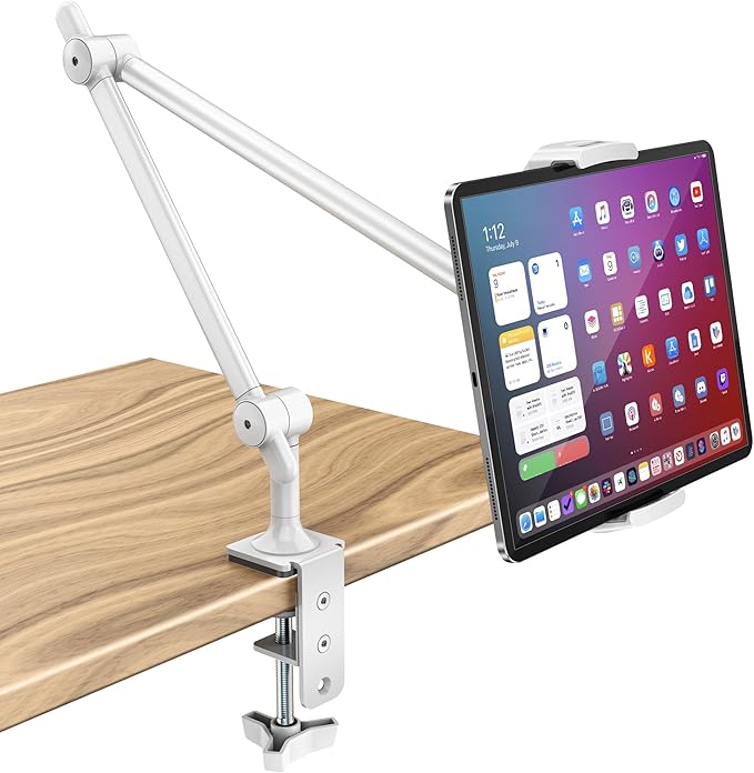 AboveTEK Tablet Stand Holder for Desk & Bed, Aluminum iPad Holder Arm with 360° Rotating Clamp, Adjustable Phone Stand Compatible with 4.7"-13.5" iPad Pro/Air/Mini, iPhone, Galaxy Tab- White